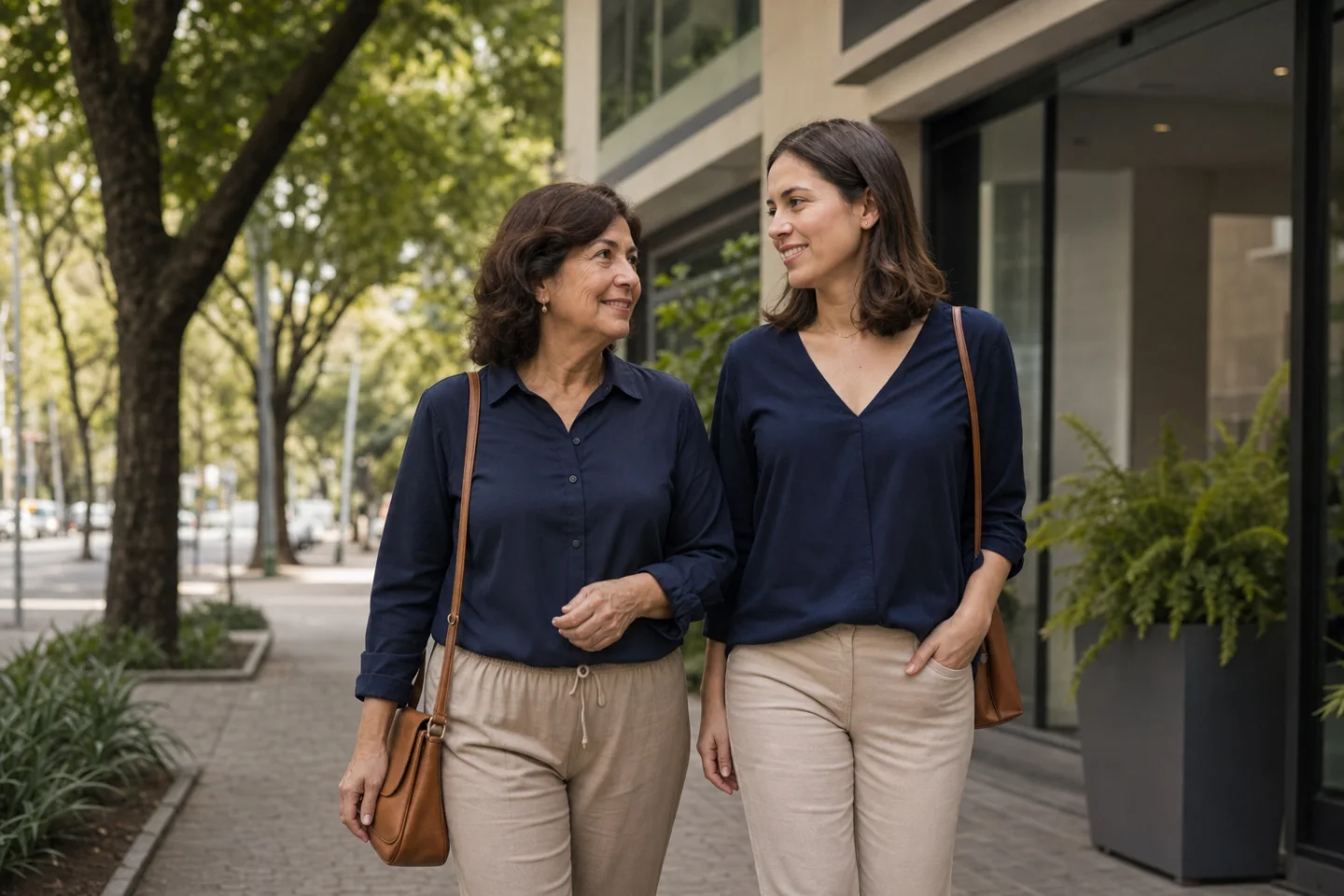 Mãe e filha adultas caminhando juntas após sair da empresa da família