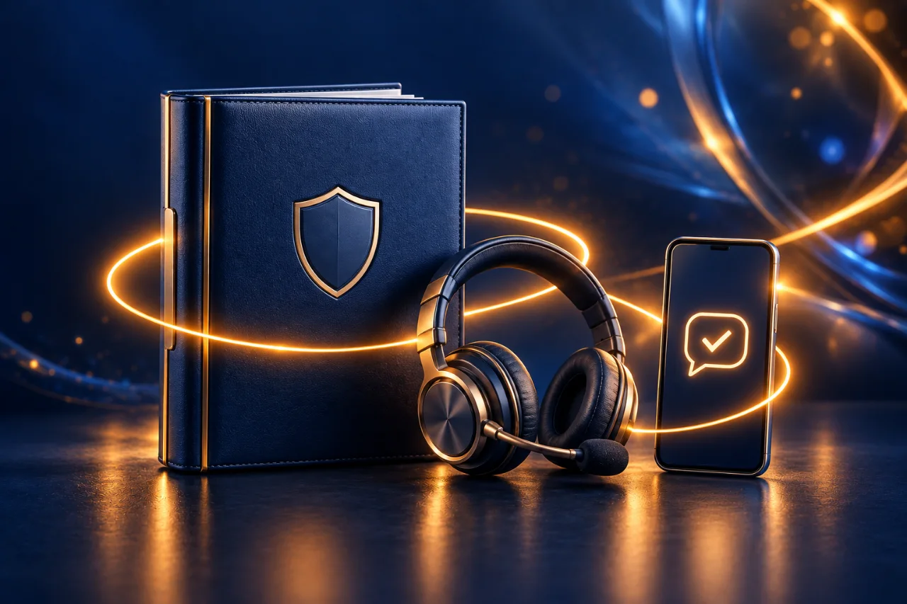 Apólice, headset e celular conectados por um canal de suporte ativo