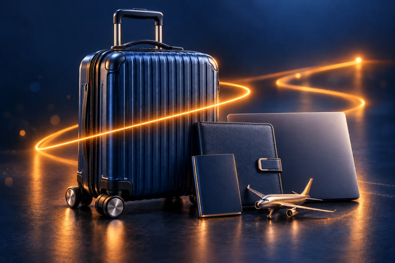 Mala, notebook e documentos de uma viagem de trabalho