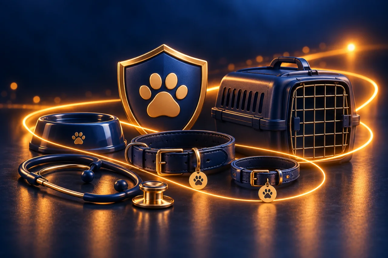Coleira, caixa de transporte, estetoscópio e escudo representando cuidado veterinário