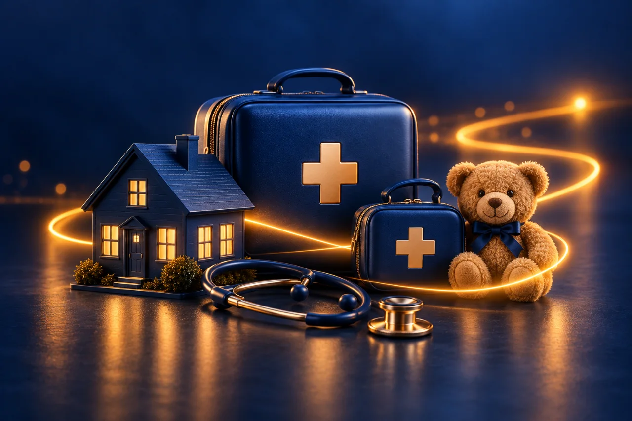 Casa, kits médicos e objetos de cuidado da família