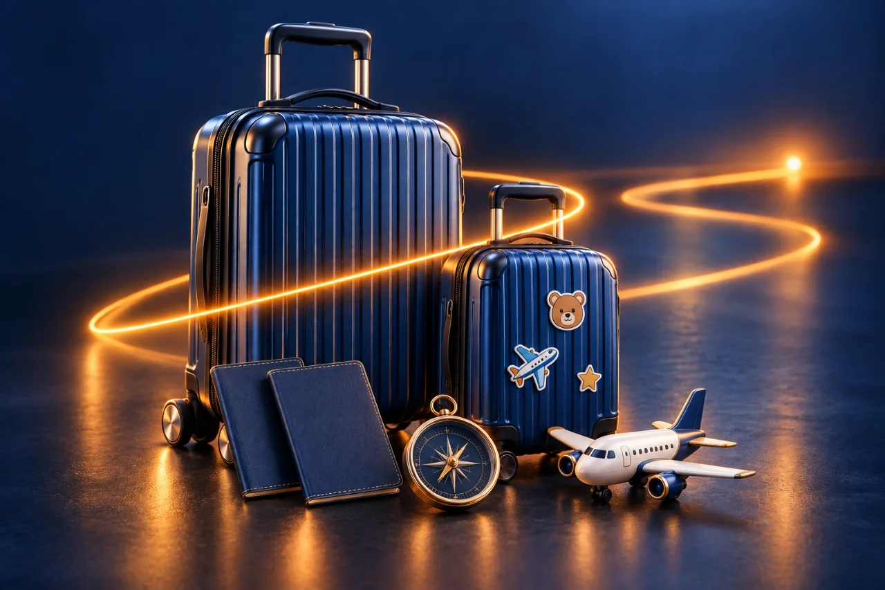 Malas adulta e infantil com passaportes, bússola e avião