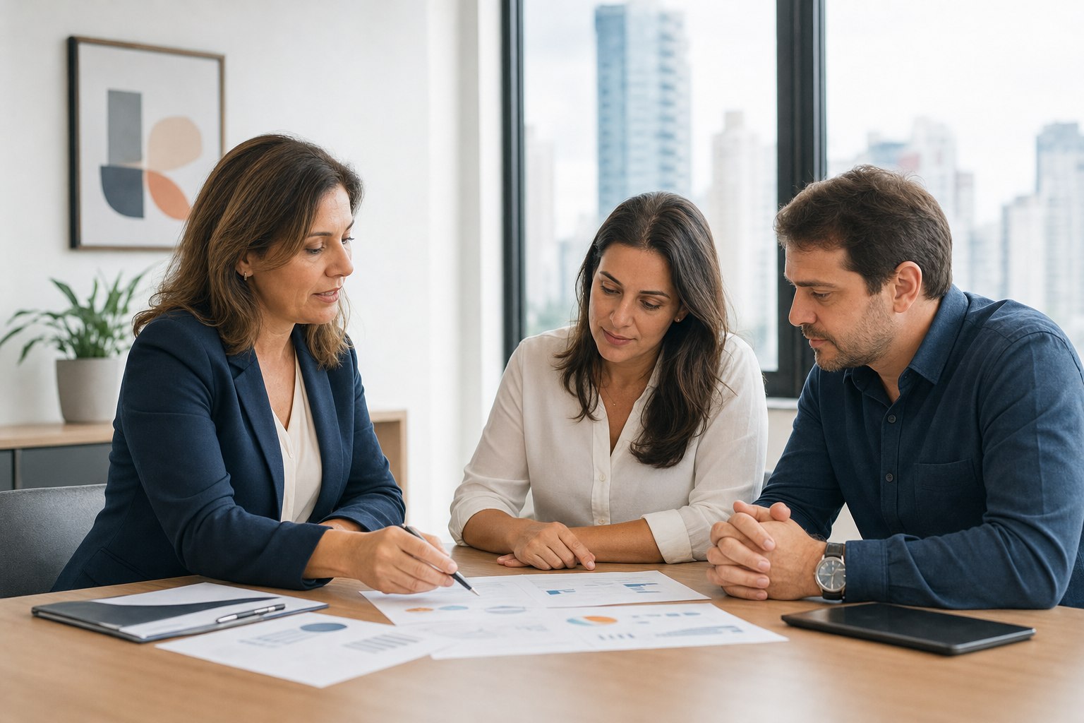 Casal comparando opções de plano com uma corretora