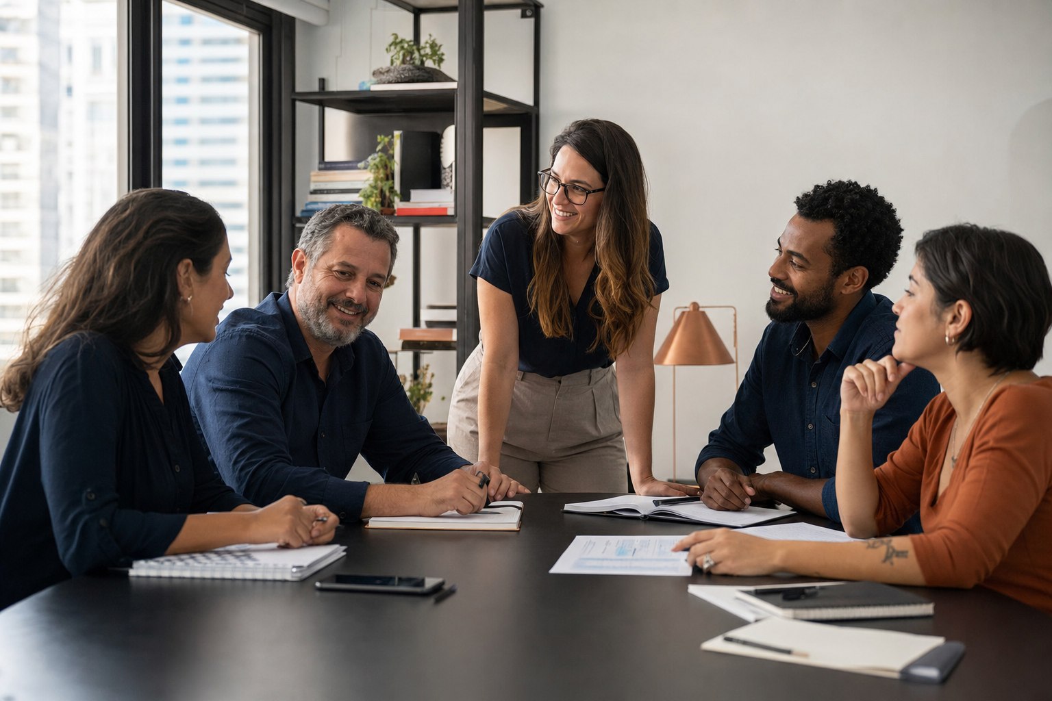 Equipe de uma pequena empresa reunida em torno da mesa